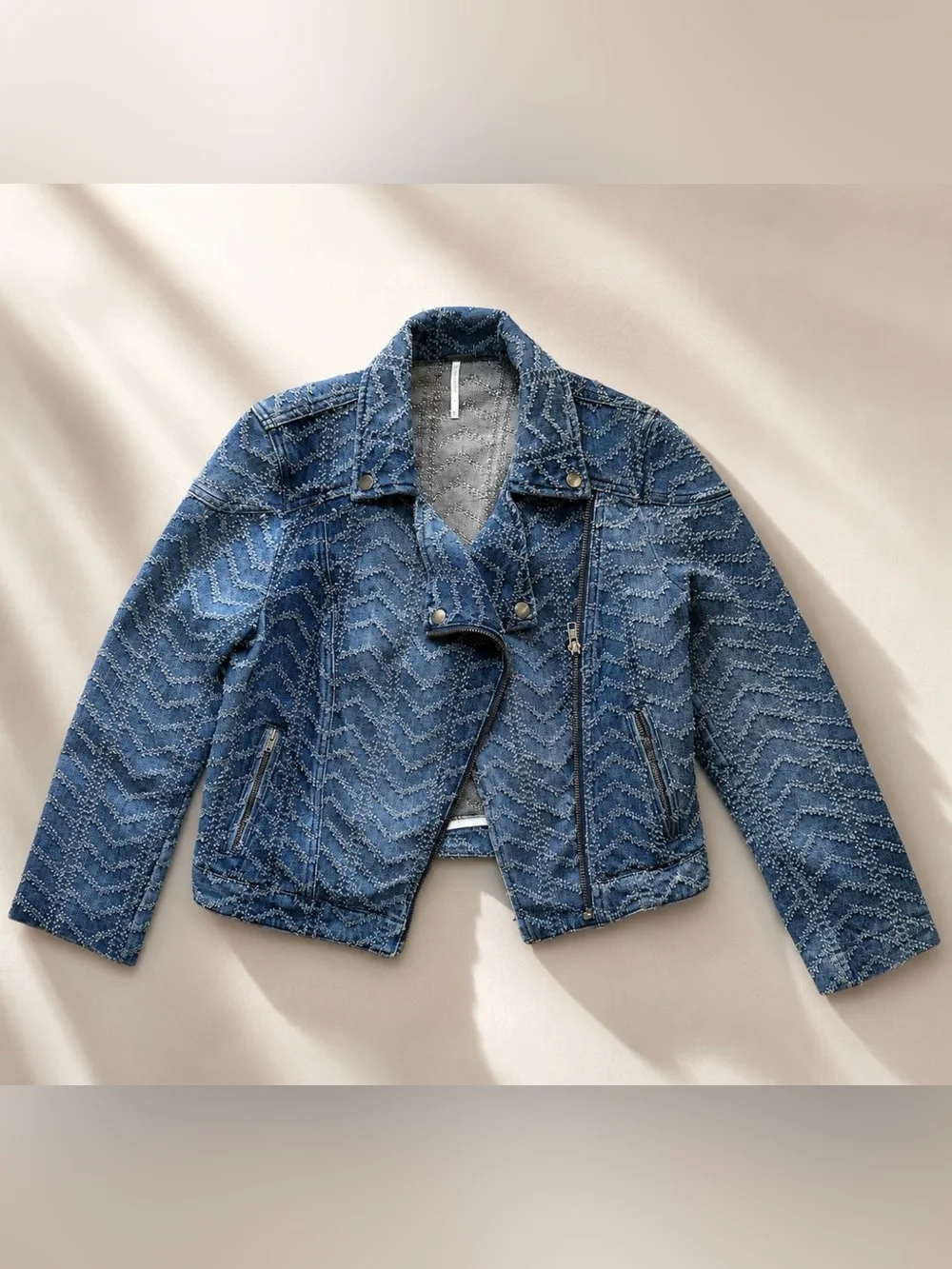 Free People Chevron Textured Denim Moto Jacket XS Rare Vintage